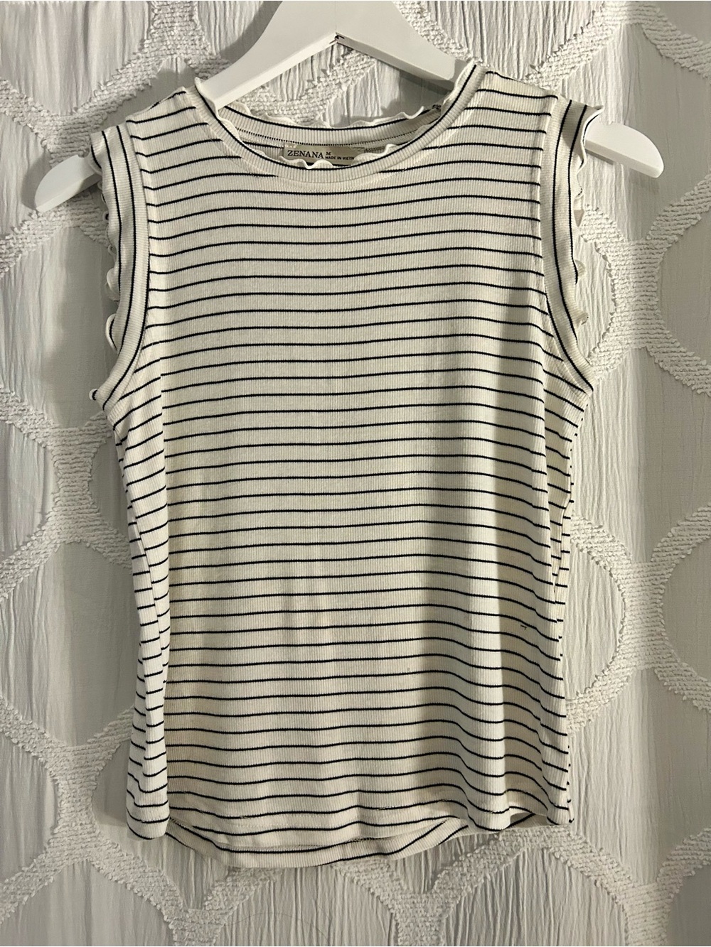 Zenana Lettuce Edge Striped Sleeveless Rib Tank Top - White/Black Medium